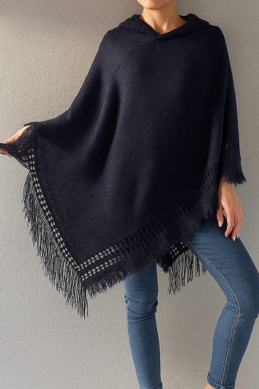 Navy Blue Knit Fringed Hooded Poncho
