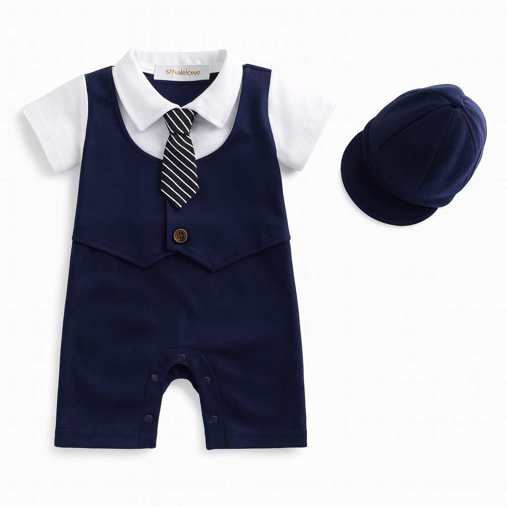 Navy Blue Formal Adjustable Tie Baby Romper and Hat