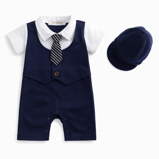 Navy Blue Formal Adjustable Tie Baby Romper and Hat