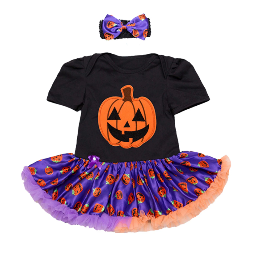 Spooky Pumpkin Baby Romper Dress & Headband