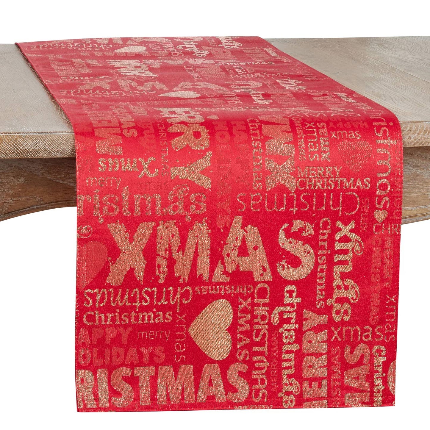 8792 - Gold Christmas Print Red 16X72 Table Runner