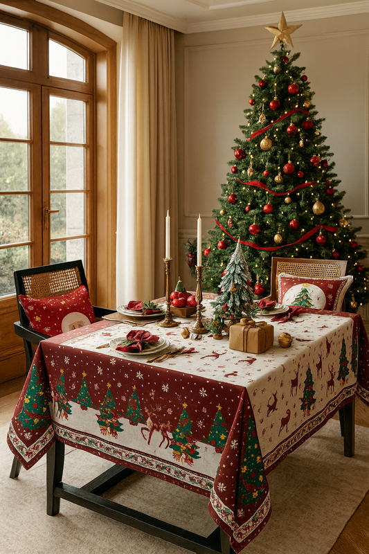 TBL0089 - Christmas Trees and Deer Holiday Tablecloth