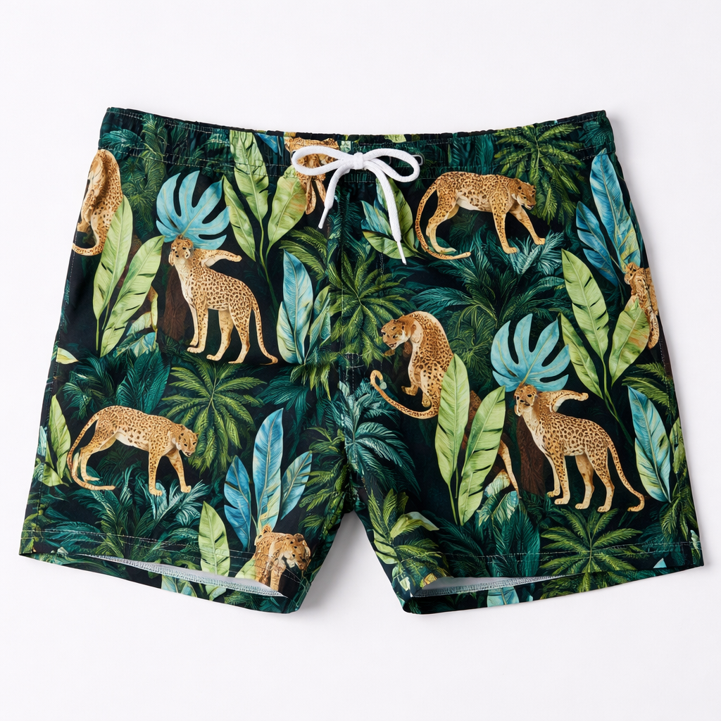 Green Tropical Jungle Cheetah Men's Swim Trunks