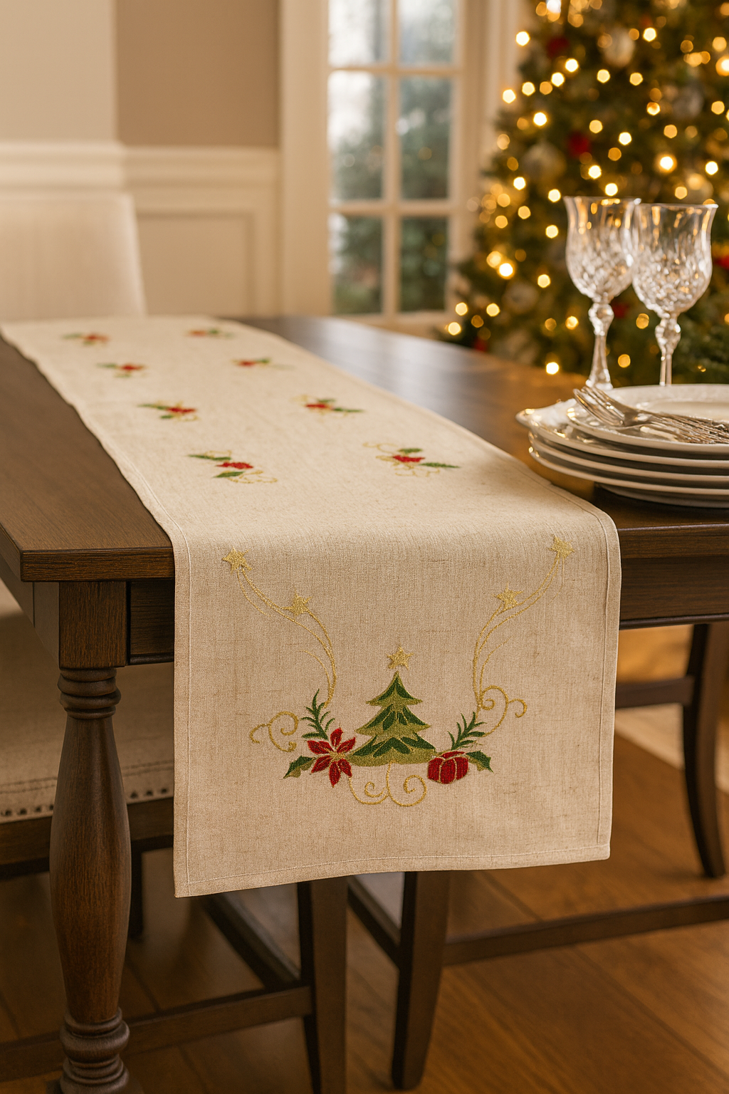 1710 - Natural Embroidered Linen Blend Christmas Table Runner