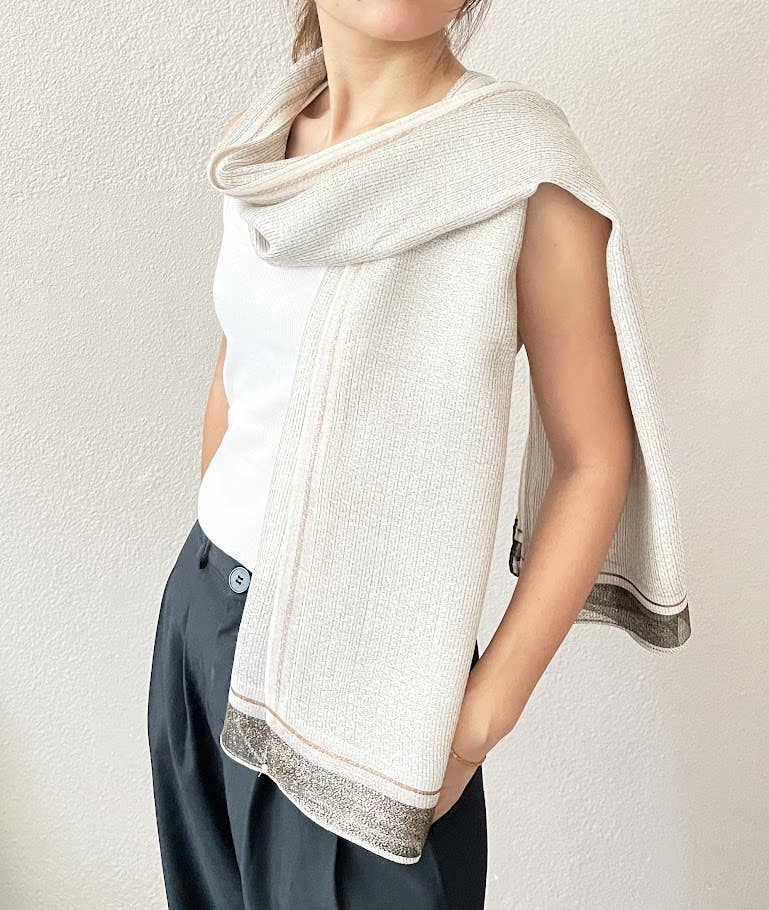 White Shimmering Striped Silk Blend Wrap Scarf