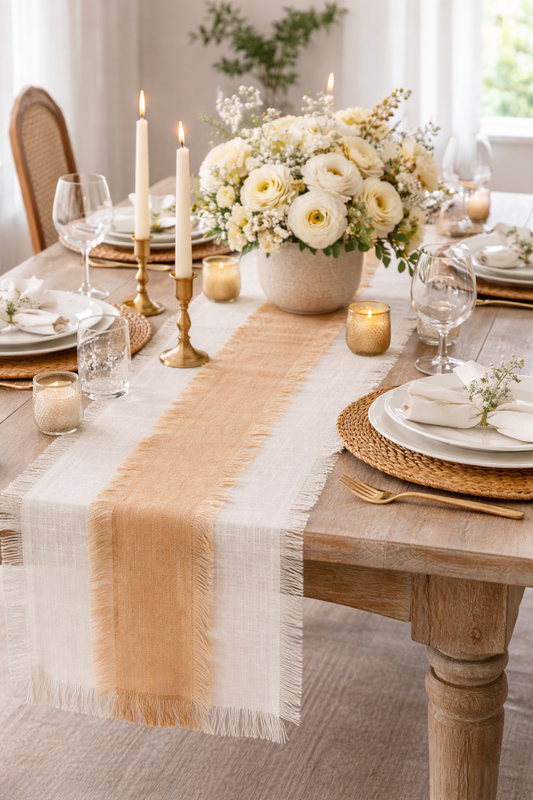 Ivory-Natural Banded Jute 16"x72" Table Runner