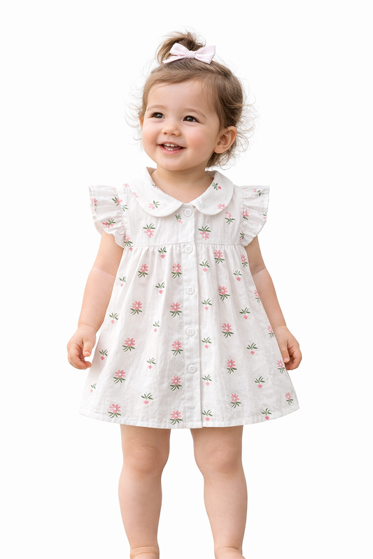White Floral Flutter Sleeve Baby Girl Blouse Mini Dress