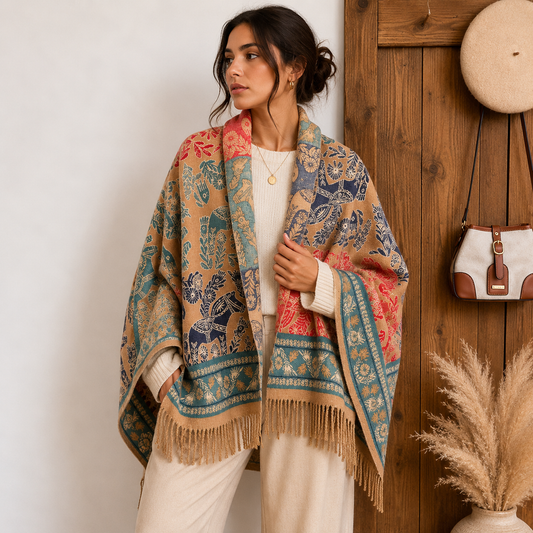 Khaki Boho Paisley Jacquard Cashmere-Feel Shawl Wrap