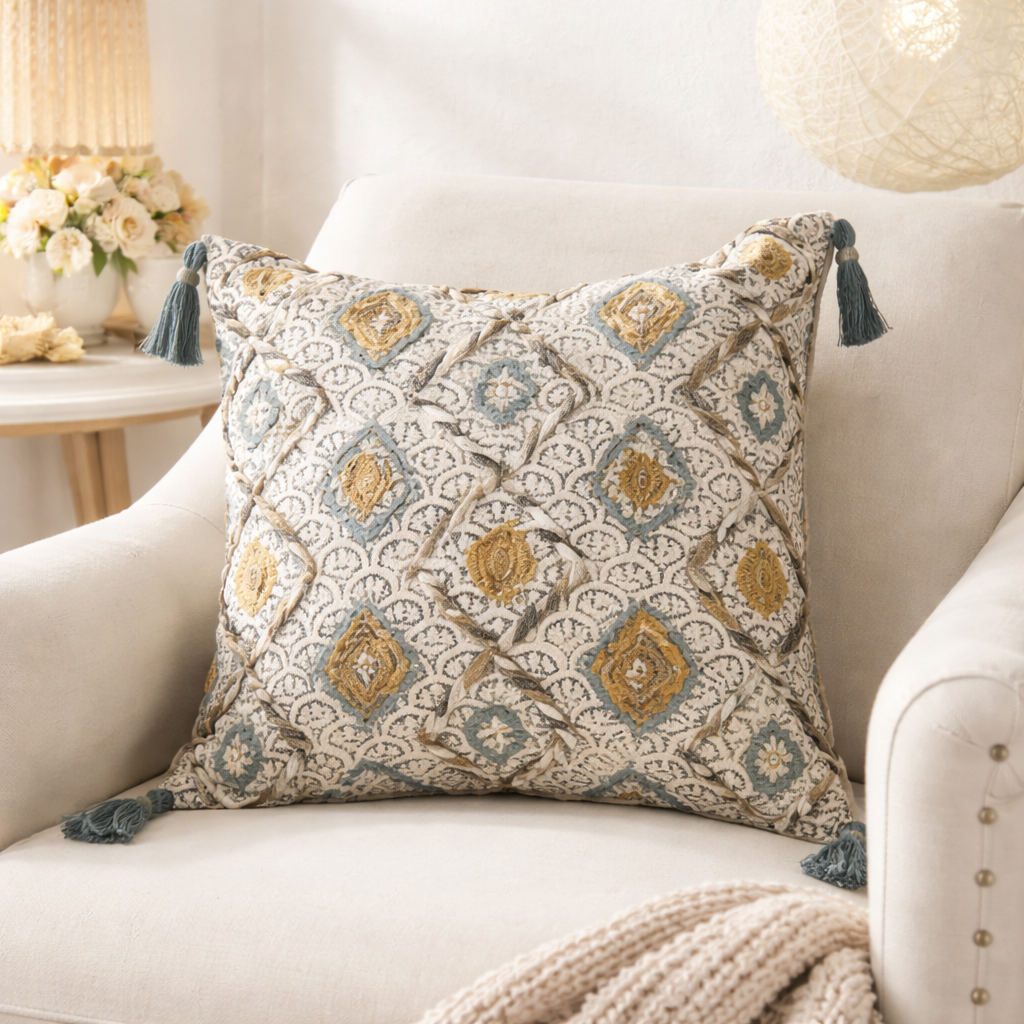 3172 - Clay Block Print Embroidered Cotton 22" Throw Pillow