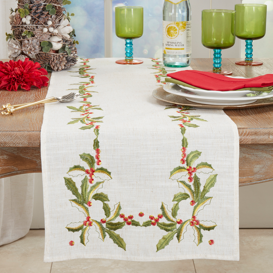 Natural Embroidered Holly Table Runner – 16" x 68"