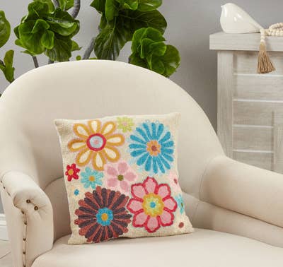 920 - Vibrant Beaded Cotton Decorative Flower Throw Pillow