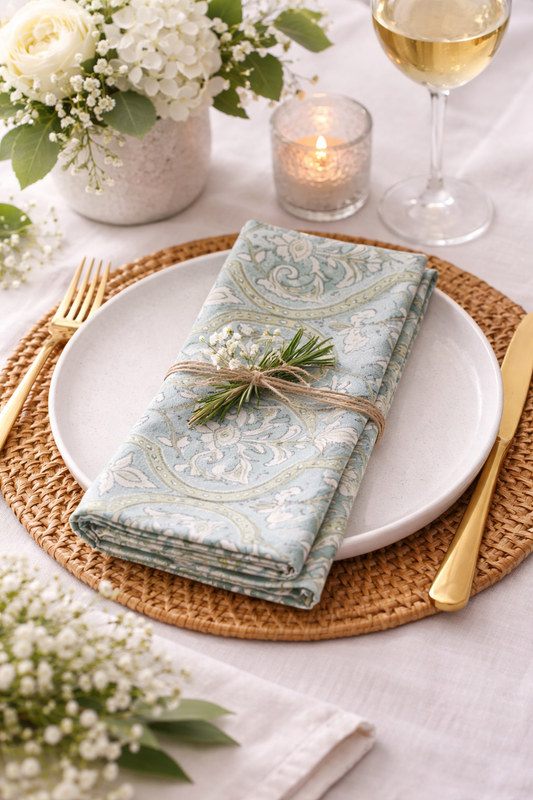 5292 - Aqua Block Print Cotton 20" Dinner Napkin