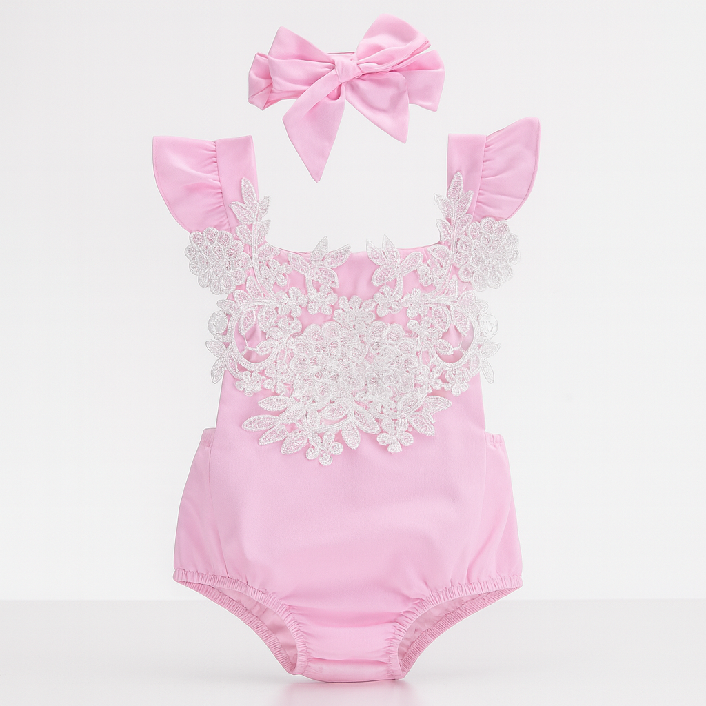 Pink White Flower Lace Baby Sunsuit & Headband