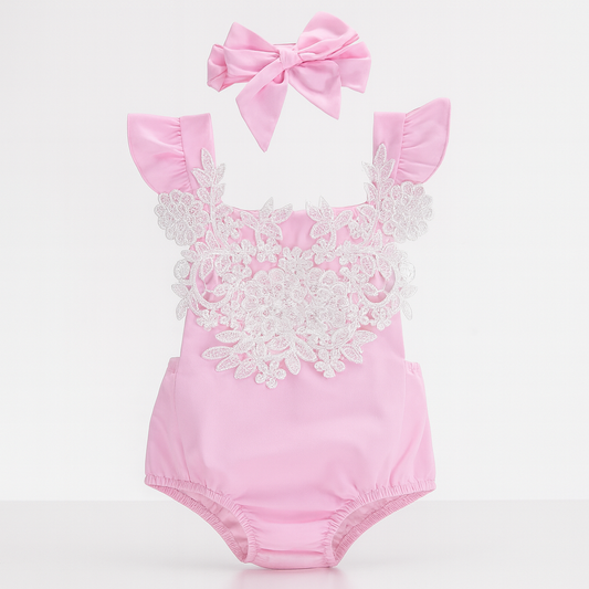 Pink White Flower Lace Baby Sunsuit & Headband