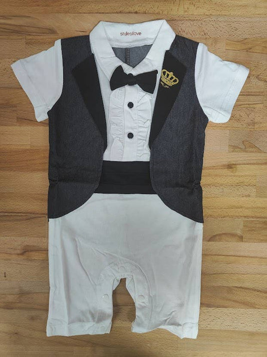 White & Black 3D Bowtie Baby Tuxedo Romper