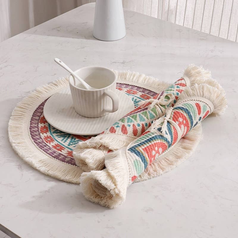 PM0020 - Mandala Boho Woven Fringe Cotton 13" Round Placemat