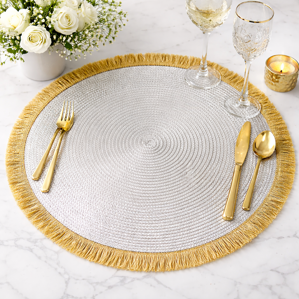 Grey Natural Braided Fringe Boho 15" Round Placemat