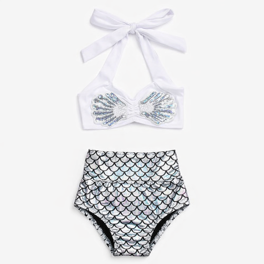 White-Silver Mermaid 2-Piece Litte Girl Swimsuit Set