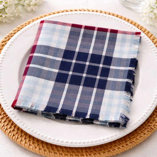 Fourth of July Plaid Cotton Napkin with Fringe – 20" x 20"