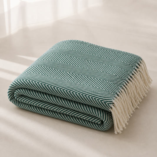 Olive Herringbone Fringed 50"x60" Throw Blanket