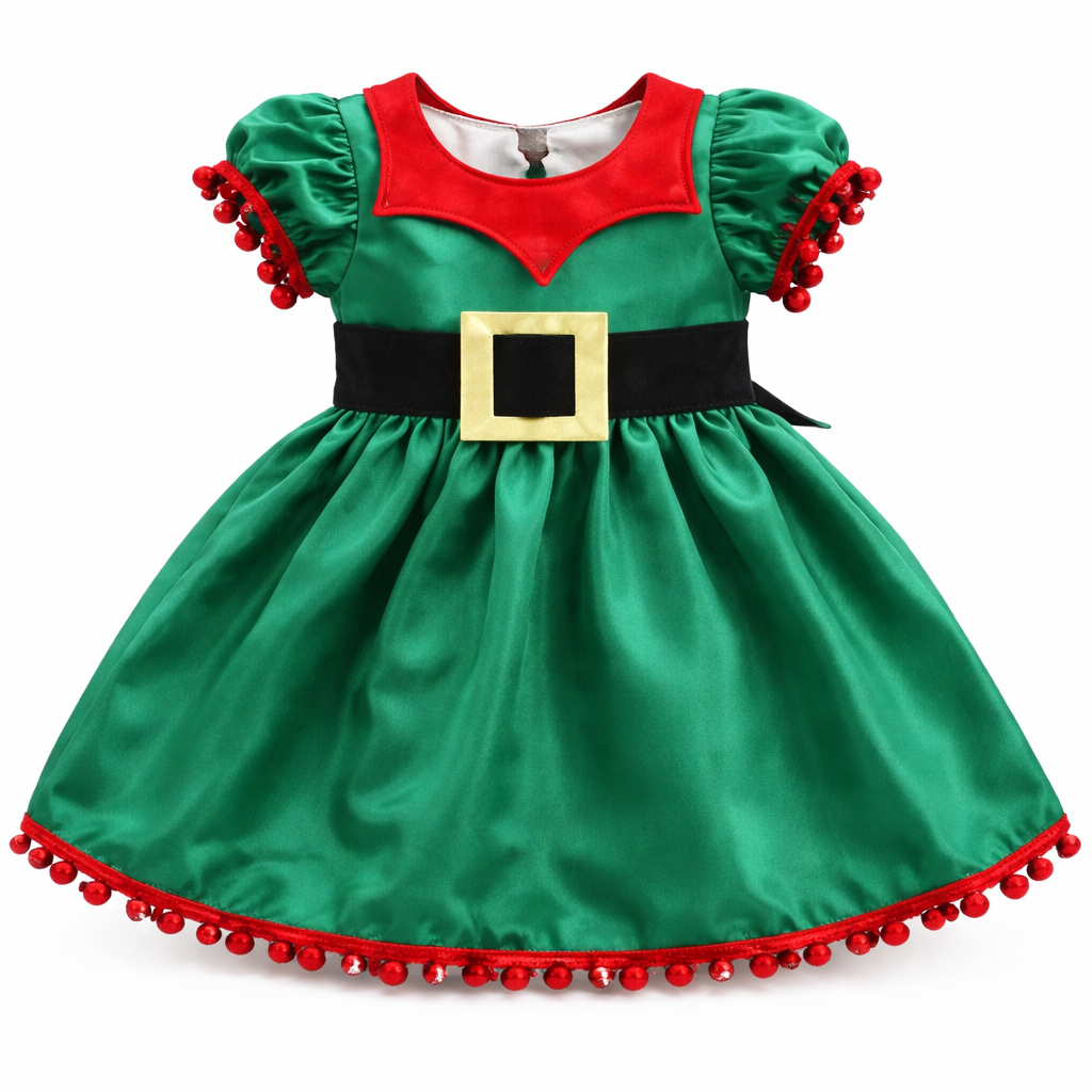 Green Satin Pom Pom Elf Toddler Dress