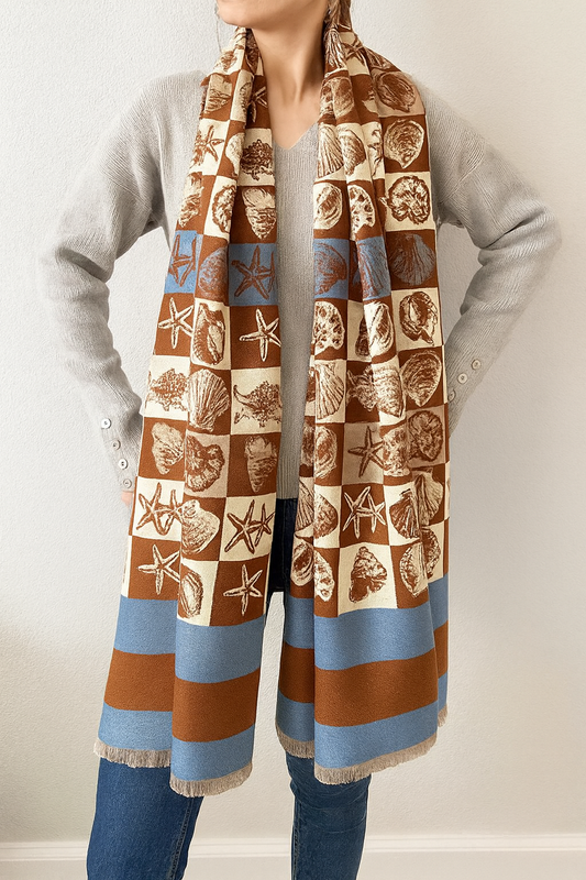Brown Seashell & Starfish Cashmere Wrap Scarf with Fringe