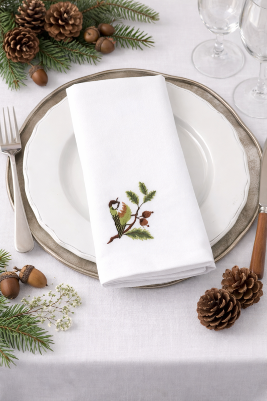 Embroidered Bluebird 20" White Dinner Napkin