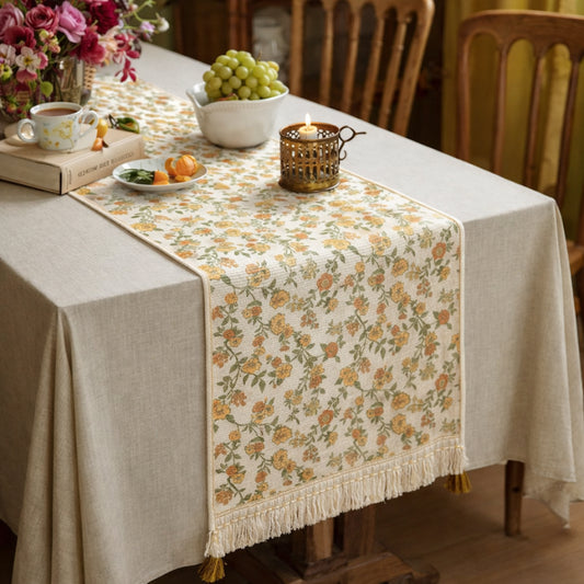 Yellow Floral Table Runner with Soft Fringe - 14"x72"