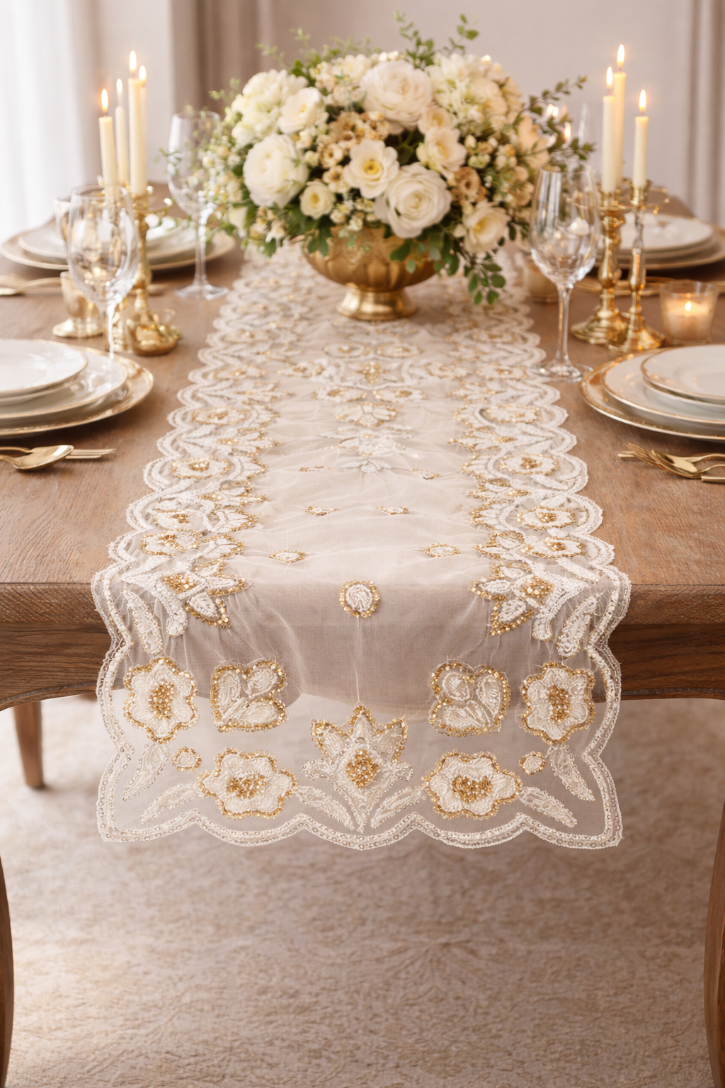 Gold Hand Beaded Design Table Runner - 16"x72"