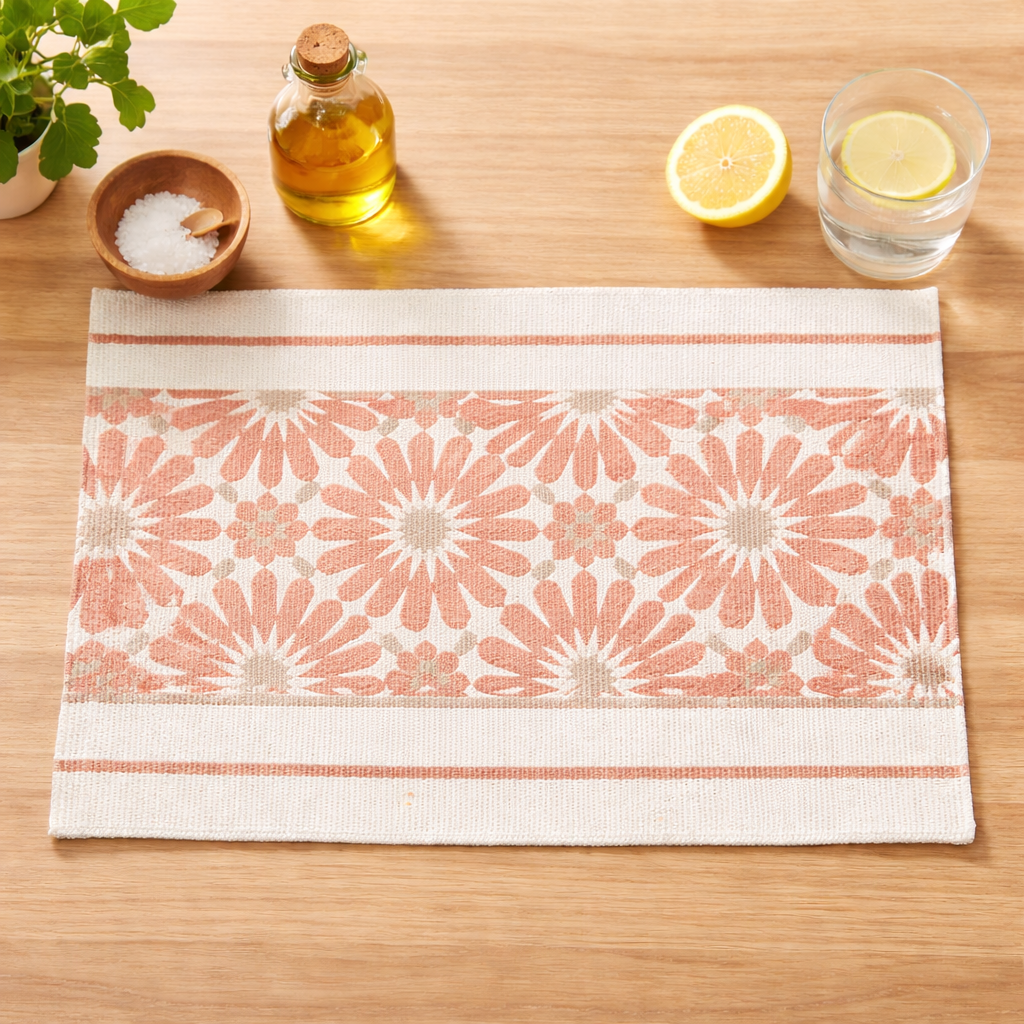 Coral Geometric Floral Cotton Placemat - 14"x19"
