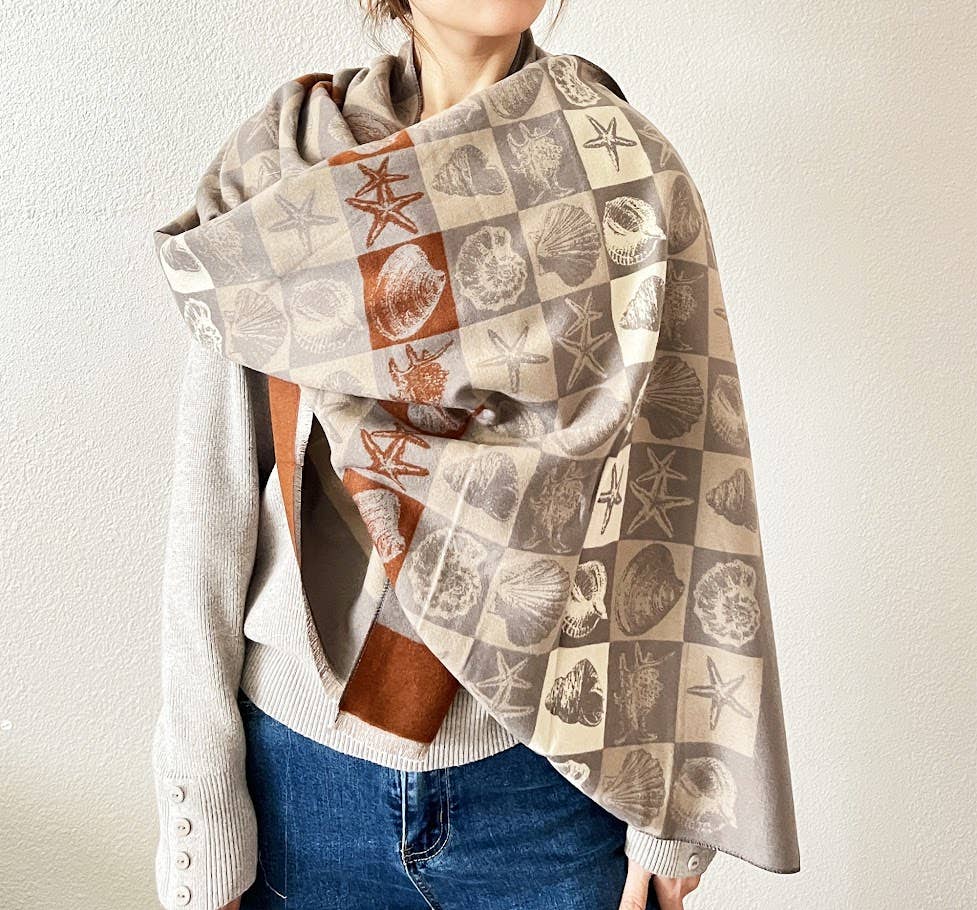 Beige Seashell & Starfish Cashmere Wrap Scarf with Fringe