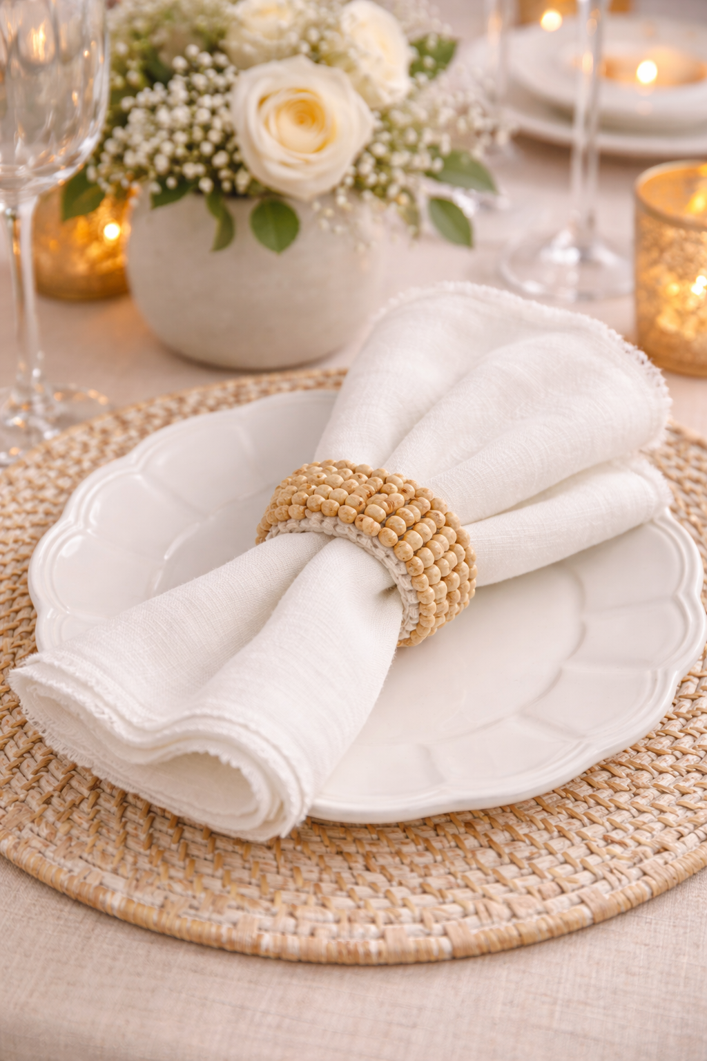Ivory Wooden Bead Napkin Ring
