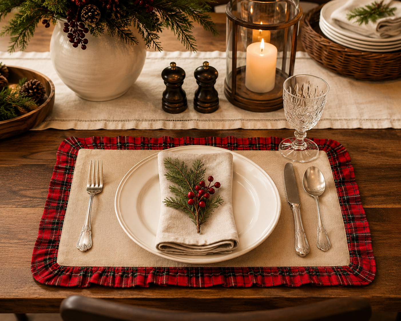 Ruffled Tartan Trim Holiday Placemat - 13"x19"