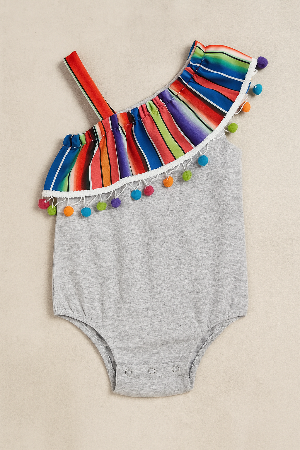 Rainbow Pom Pom Trim Baby Romper