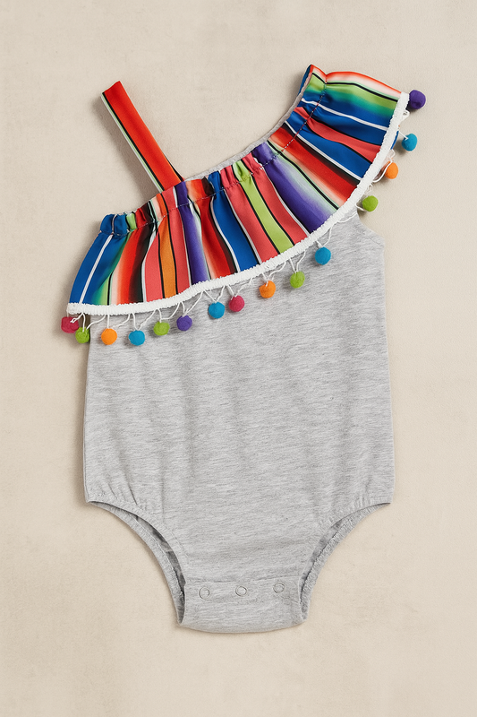 Rainbow Pom Pom Trim Baby Romper