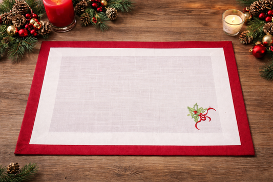 Red White Embroidered Holly Tree 13"x19" Placemat