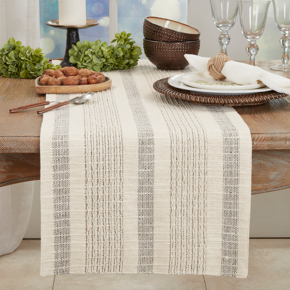1024 - Striped Woven Cotton Ivory Table Runner