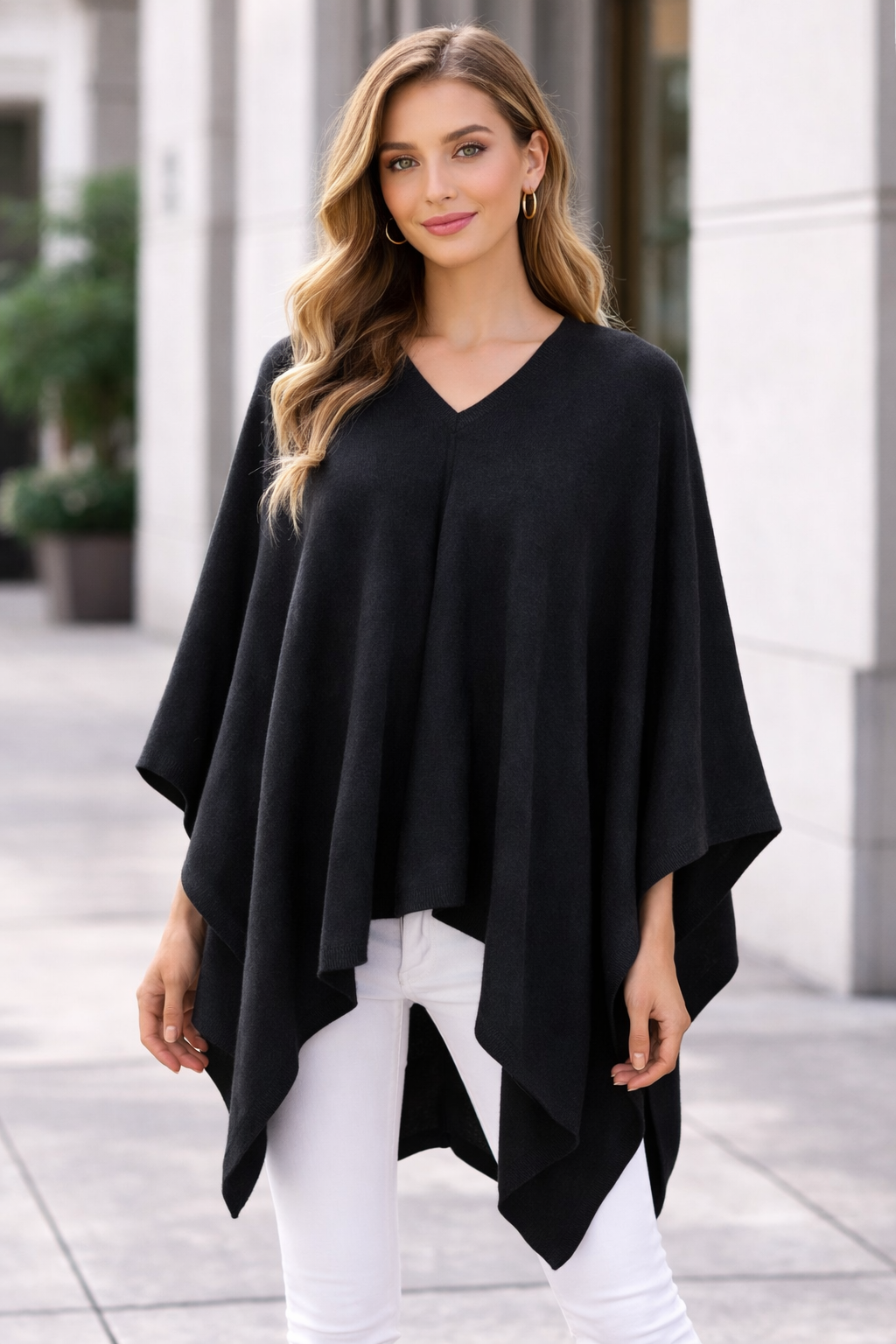 Black Knit Solid Soft Pullover Poncho Sweater
