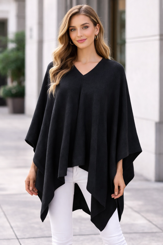 Black Knit Solid Soft Pullover Poncho Sweater