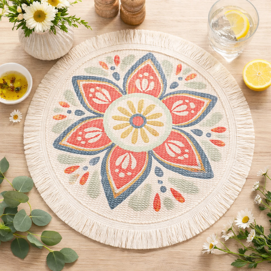 Red Flower Cotton Woven 13" Round Placemat
