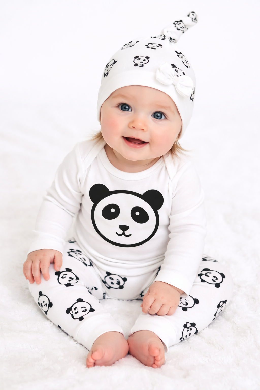 White Panda Cotton 3-Piece Baby Outfit