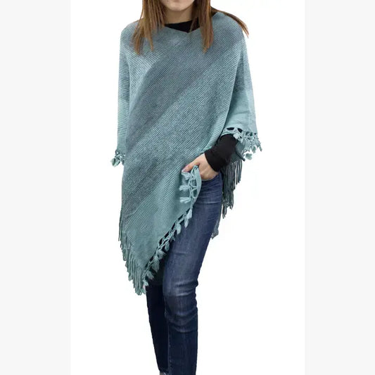 Teal Color Block Fringe Poncho Sweater