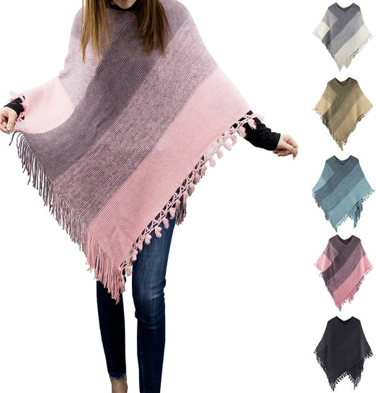 Color Block Fringe Poncho Sweater