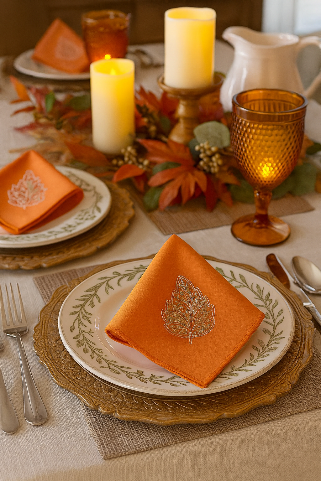 Terracotta Embroidered  Sequined Leaf 20" Cloth Napkin
