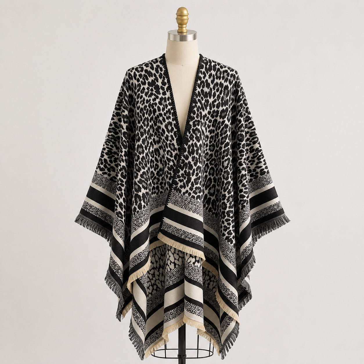 Black Leopard Cashmere-Feel Shawl Wrap Poncho
