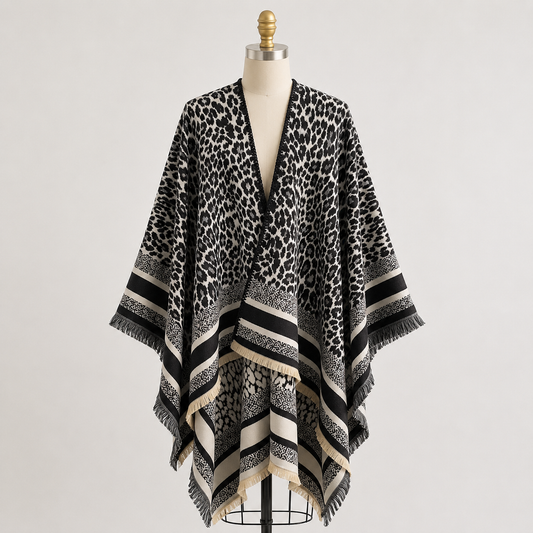 Black Leopard Cashmere-Feel Shawl Wrap Poncho