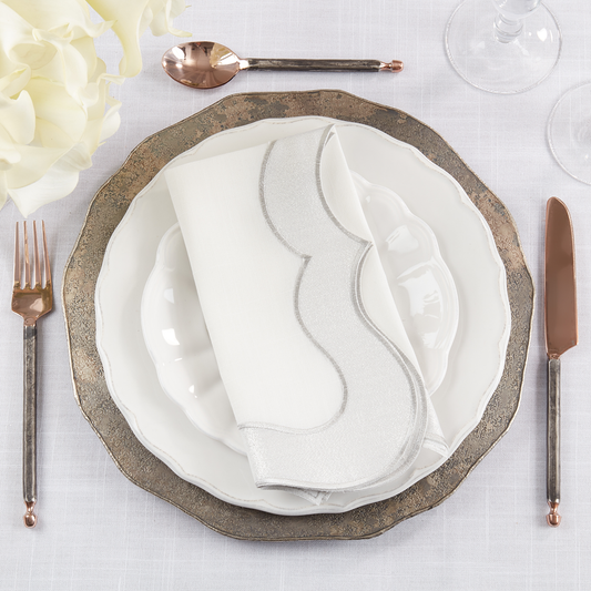 3002 - Silver Shimmering Scallop Border White 20" Cloth Napkin