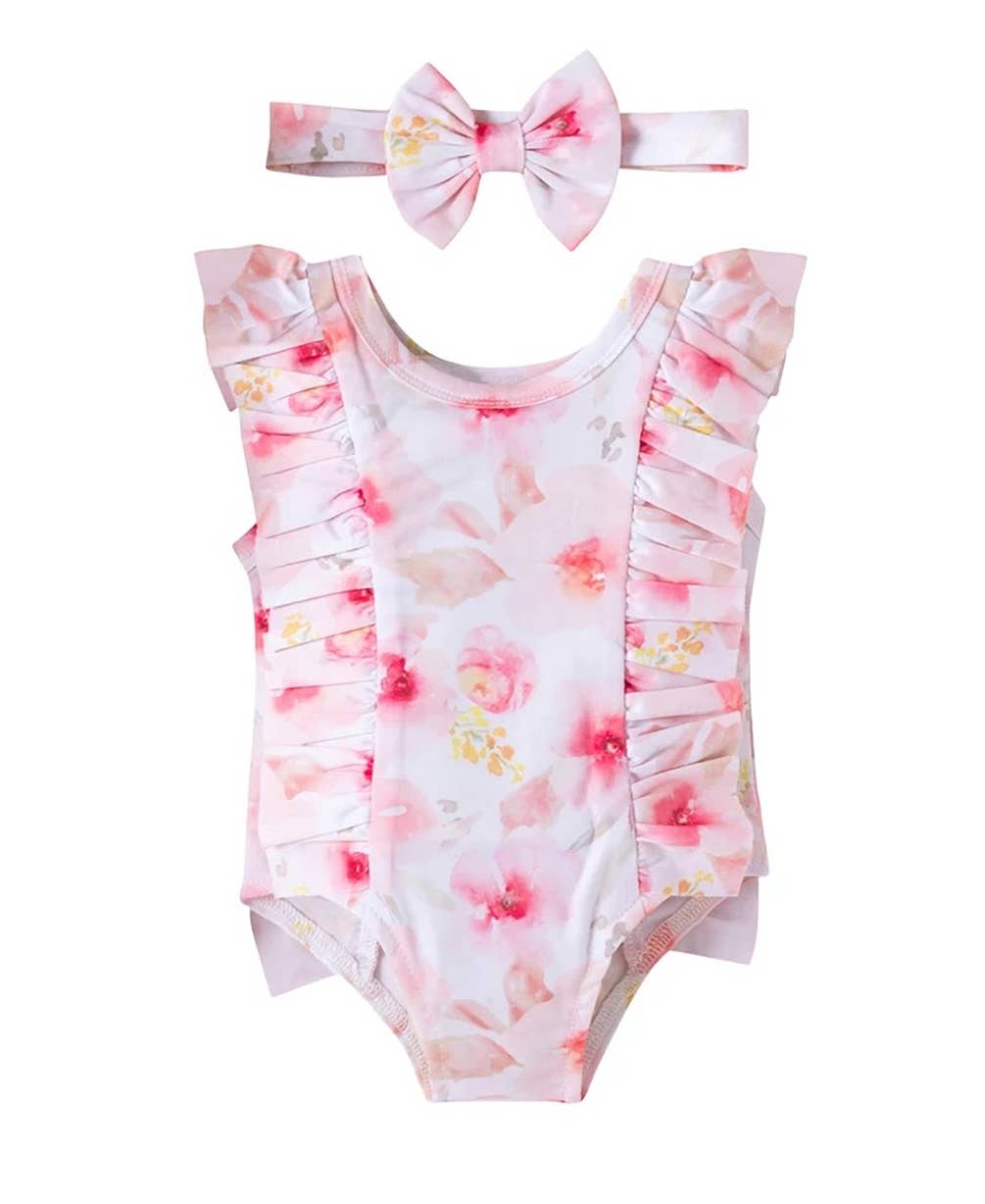 Pink Watercolor Floral Ruffled Girl Swimsuit & Headband
