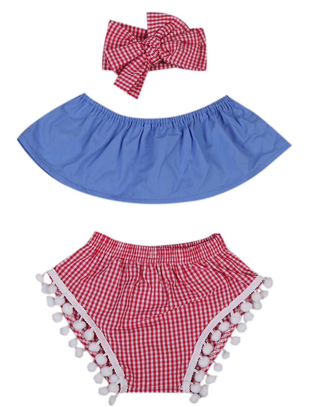 Blue-Red Pom Pom 3pcs Baby Outfit