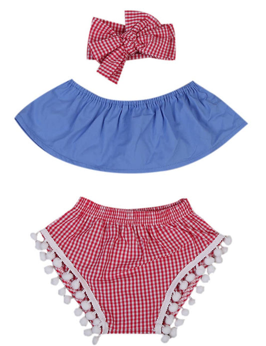 Blue-Red Pom Pom 3pcs Baby Outfit